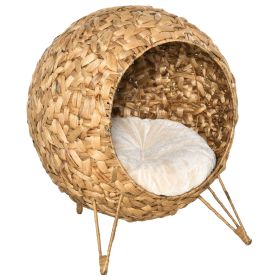20.5 Weaved Cat Bed Elevated Hand Made Cat House Condo with Cushion Brown