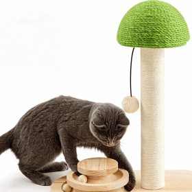 Cat Scratching Post, Mushroom Cat Scratcher with Sisal Ropes, Interactive Track Ball Toy, 2-in-1 Wood Scratch cat tree
