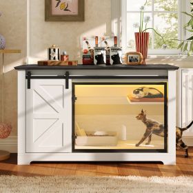 46" Farmhouse Cat Litter Box Enclosure with Sliding Barn Door, White Large Hidden Acrylic Door Cat Cabienet with LED Light