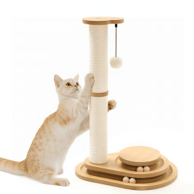Cat Scratching Post Cat Scratcher Kitten Toys for Indoor Cats Wooden Ball Track Two-Layer Modern Sisal 23.4" Tall Scratch Post Interactive Toy wi