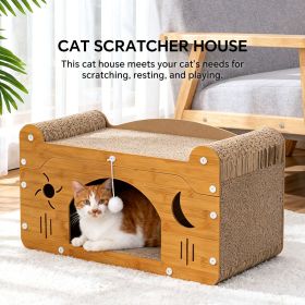 Cat Scratcher House with Bed and Hanging Toy, Wooden Cat Cave with Corrugated Scratching Board