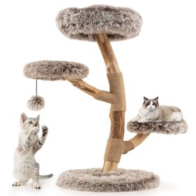 4-Level Natural Pear Wood Cat Tree - 19.5"x35.5", Jute Scratch Posts + Plush Ball, Long Plush
