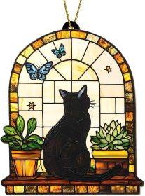 Black Cat Stained Glass Ornament, Window Scene Tree Decoration with Plants and Butterfly, Artistic Wooden Keepsake Gift for Cat Lovers, Women