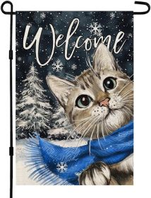 CROWNED BEAUTY Winter Cat Garden Flag 12x18 Inch Double Sided for Outside Small Welcome Burlap Holiday Yard Decoration CF1660-12 (Color: Blue-winter  12"x18")