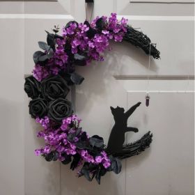 Cat Wreath Door Hanging Halloween decoration (Color: L2-8 Black Rose with Purple Flowers)